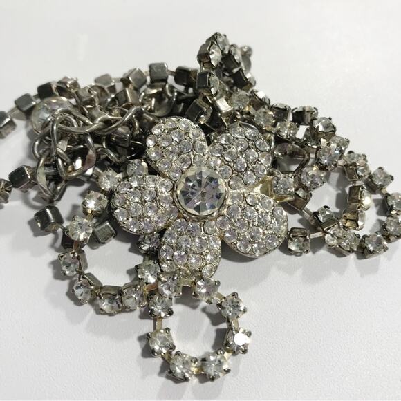 VTG Silver Rhinestone Belt Sash Chain Pave Flower Buckle Metal 60s 70s Formal main image 9